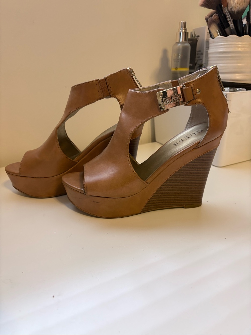 GUESS Tan Leather Cutout Wedge Sandals with Metallic Logo